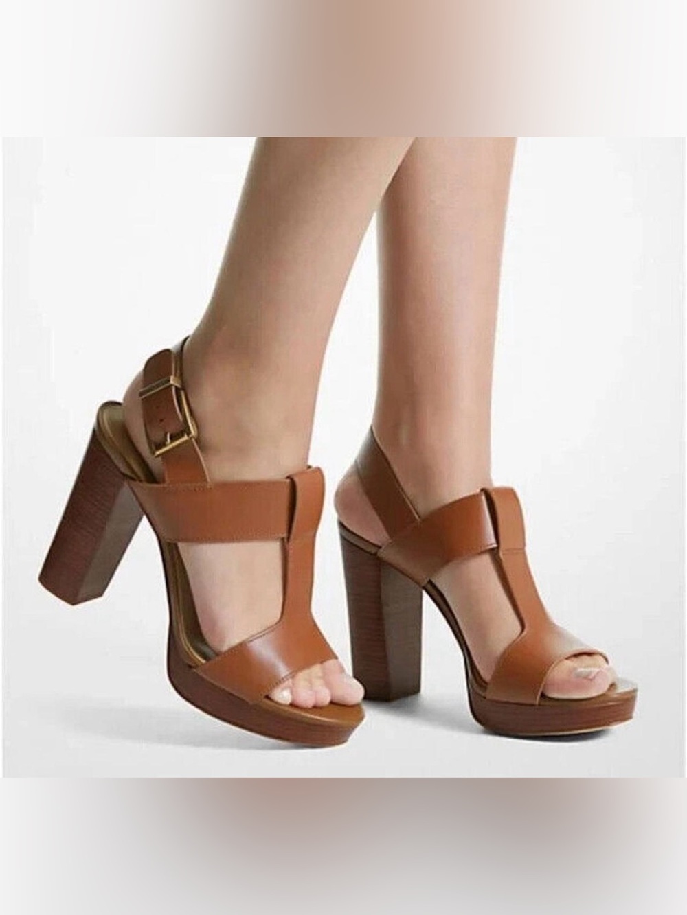 MICHAEL Michael Kors Becker Tan Leather T-Strap Platform Heels 9M